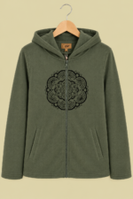 Chaqueta Forro Polar Mandala verde caqui capucha bordado bohemio La Gata Voladora Alpujarra Almeria