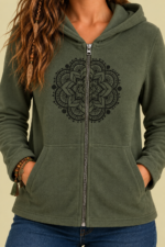 Chaqueta Forro Polar Mandala verde caqui sudadera bordada La Gata Voladora Alpujarra Almeria