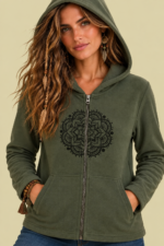 Chaqueta Forro Polar Mandala verde caqui forro polar boho La Gata Voladora Alpujarra Almeria