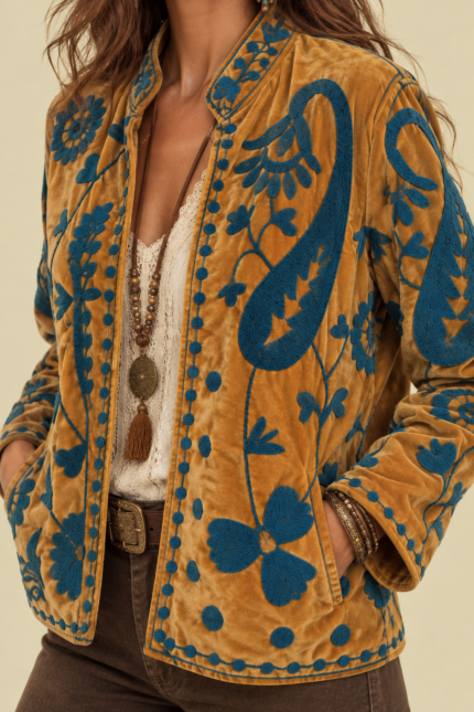 Chaqueta Terciopelo Bordada Ámbar mostaza bordado floral Suzani Boho Chic La Gata Voladora Alpujarra Almeria