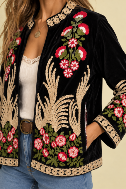 Chaqueta Terciopelo Bordada Black bordado Suzani bohemio La Gata Voladora Laujar de Andarax Almeria