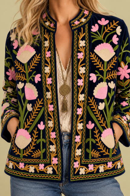 Chaqueta Terciopelo Bordada Blue bordado floral Suzani estilo bohemia La Gata Voladora Alpujarra Almeria