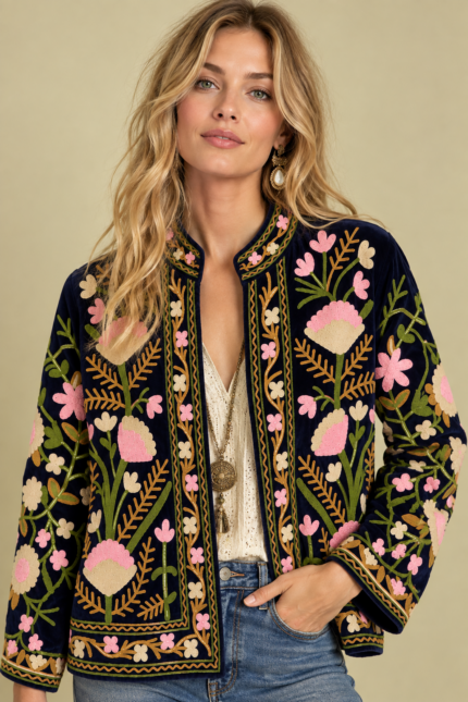 Chaqueta Terciopelo Bordada Blue azul marino bordado Suzani Boho Chic La Gata Voladora Alpujarra Almeria