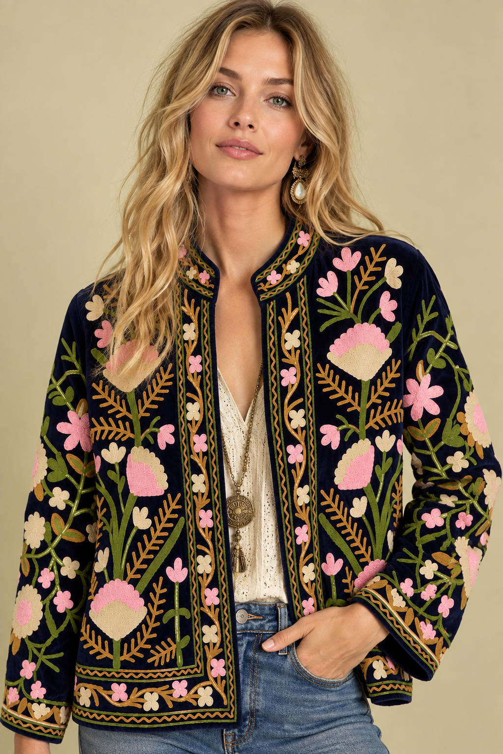 Chaqueta Terciopelo Bordada Blue (3) Chaqueta Terciopelo Bordada Blue azul marino bordado Suzani Boho Chic La Gata Voladora Alpujarra Almeria