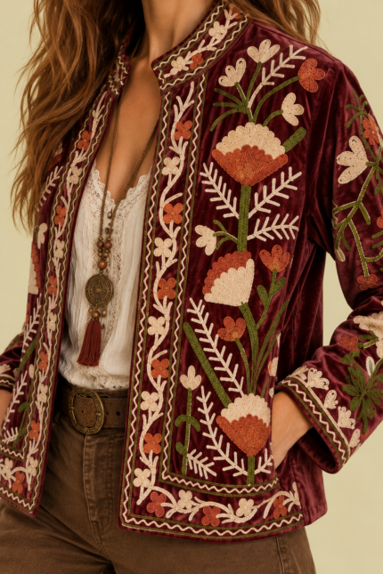 Chaqueta Terciopelo Bordada Brown marron bordado Suzani Boho Chic La Gata Voladora Alpujarra Almeria