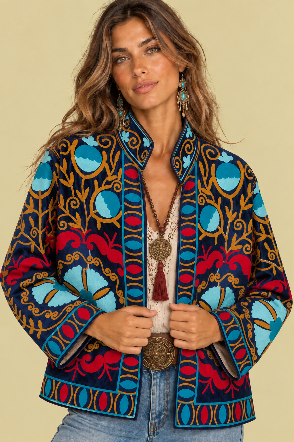 Chaqueta Terciopelo Bordada Navy Suzani (1) Chaqueta Terciopelo Bordada Navy azul marino Suzani boho chic La Gata Voladora Laujar de Andarax Almeria