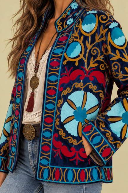 Chaqueta Terciopelo Bordada Navy azul marino bordado Suzani bohemio La Gata Voladora Laujar de Andarax Almeria