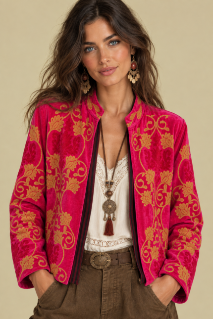 Chaqueta Terciopelo Bordada Pink fucsia estilo Suzani Boho La Gata Voladora Alpujarra Almeria