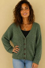 Chaqueta de Punto Coline verde caqui boho chic botones La Gata Voladora Alpujarra Almeria