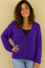 Chaqueta de Punto Coline violeta boho chic botones La Gata Voladora Alpujarra Almeria