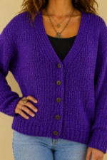 Chaqueta de Punto Coline violeta punto extra suave otoño invierno La Gata Voladora Alpujarra Almeria