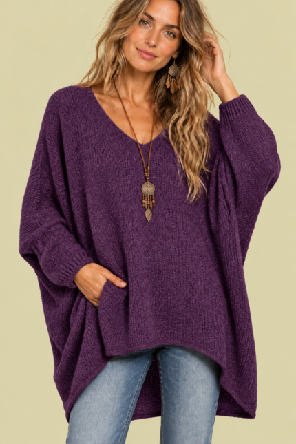 Jersey Oversize de Punto Gaia Violeta jersey boho punto suave La Gata Voladora Alpujarra Almeria