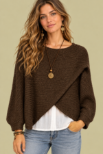 Jersey de Punto Cruzado Nala Marron Chocolate punto suave estilo boho La Gata Voladora Alpujarra Almeria