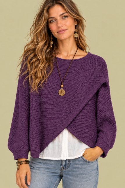 Jersey de Punto Cruzado Nala Violeta punto suave estilo boho La Gata Voladora Alpujarra Almeria