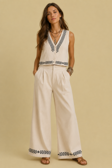 Pantalon Bordado Algodon Natural algodon crudo bordados negros estilo boho La Gata Voladora Alpujarra Almeria