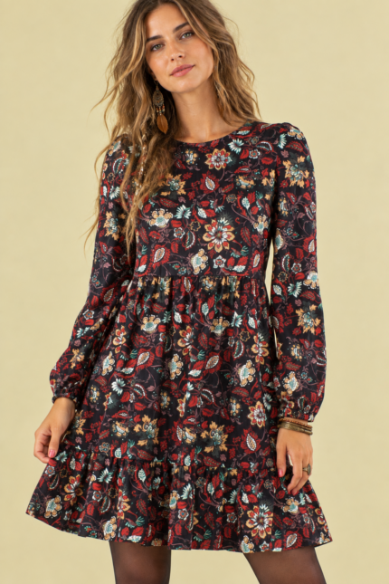 Vestido Estampado Coline negro floral boho mujer La Gata Voladora Alpujarra Almeria