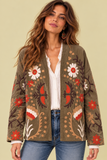 Chaqueta Bordada Yasmin marron claro pana boho chic La Gata Voladora Laujar De Andarax Almeria