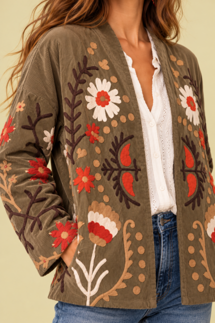 Chaqueta Bordada Yasmin con flores bordadas estilo Suzani La Gata Voladora Laujar De Andarax Almeria
