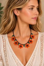 Collar naranja con flores artesanales La Gata Voladora Laujar de Andarax Almeria