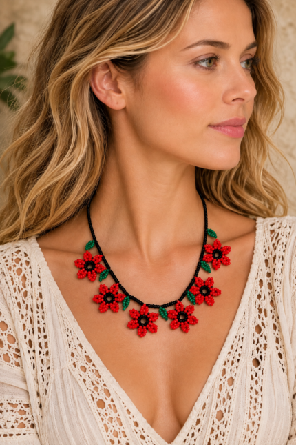 Collar bohemio rojo de diseño floral artesanal La Gata Voladora Laujar de Andarax Almeria