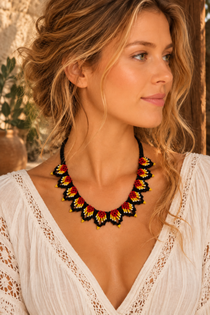 Collar rojo boho chic de cuentas con diseño artesanal de La Gata Voladora, Laujar de Andarax, Almeria