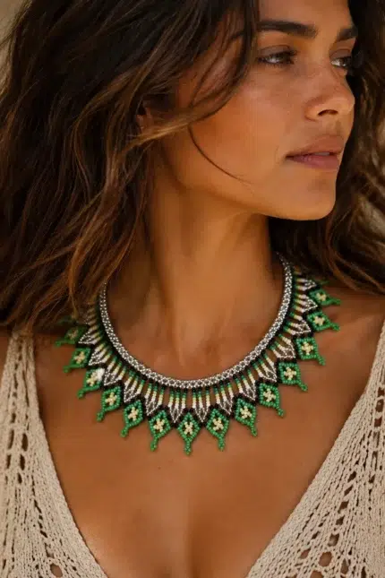 Collar bohemio verde de artesanía colombiana La Gata Voladora Alpujarra Almeria