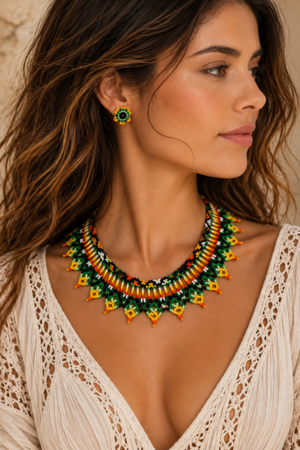 Conjunto Collar y Pendientes Alma Indigena bohemio de cuentas multicolor La Gata Voladora Laujar de Andarax