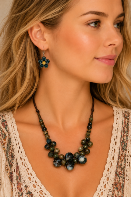 Conjunto Collar y Pendiente Floral de Ceramica Estilo Boho La Gata Voladora Laujar de Andarax Almeria