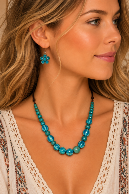 Conjunto de pendientes y collar de ceramica azul Flora La Gata Voladora