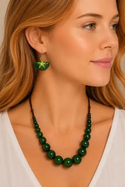 Collar de cuentas y pendientes de ceramica verde La Gata Voladora Laujar de Andarax Almeria