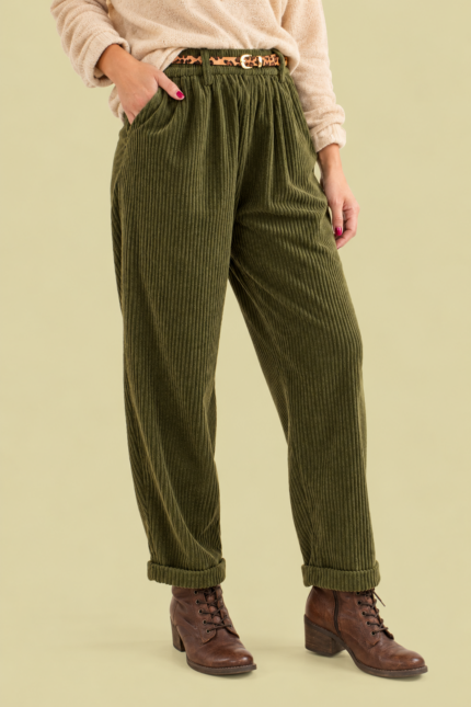 Pantalon de Pana Canale verde caqui con cintura elastica y bolsillos laterales